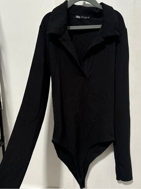 ZARA Black Collared Long-Sleeve One-Piece Bodysuit